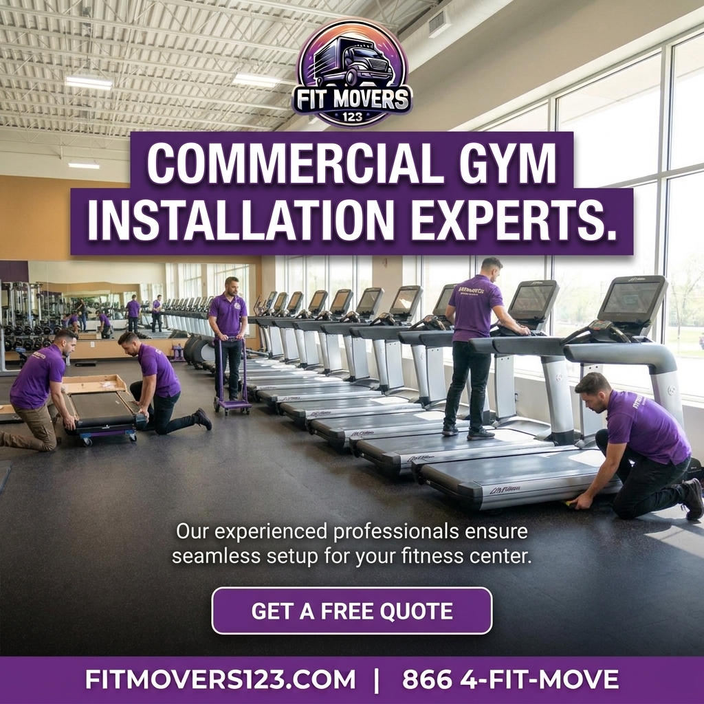 FitMovers123 commercial team installing a row of Life Fitness treadmills across the cardio floor of a large commercial fitness center