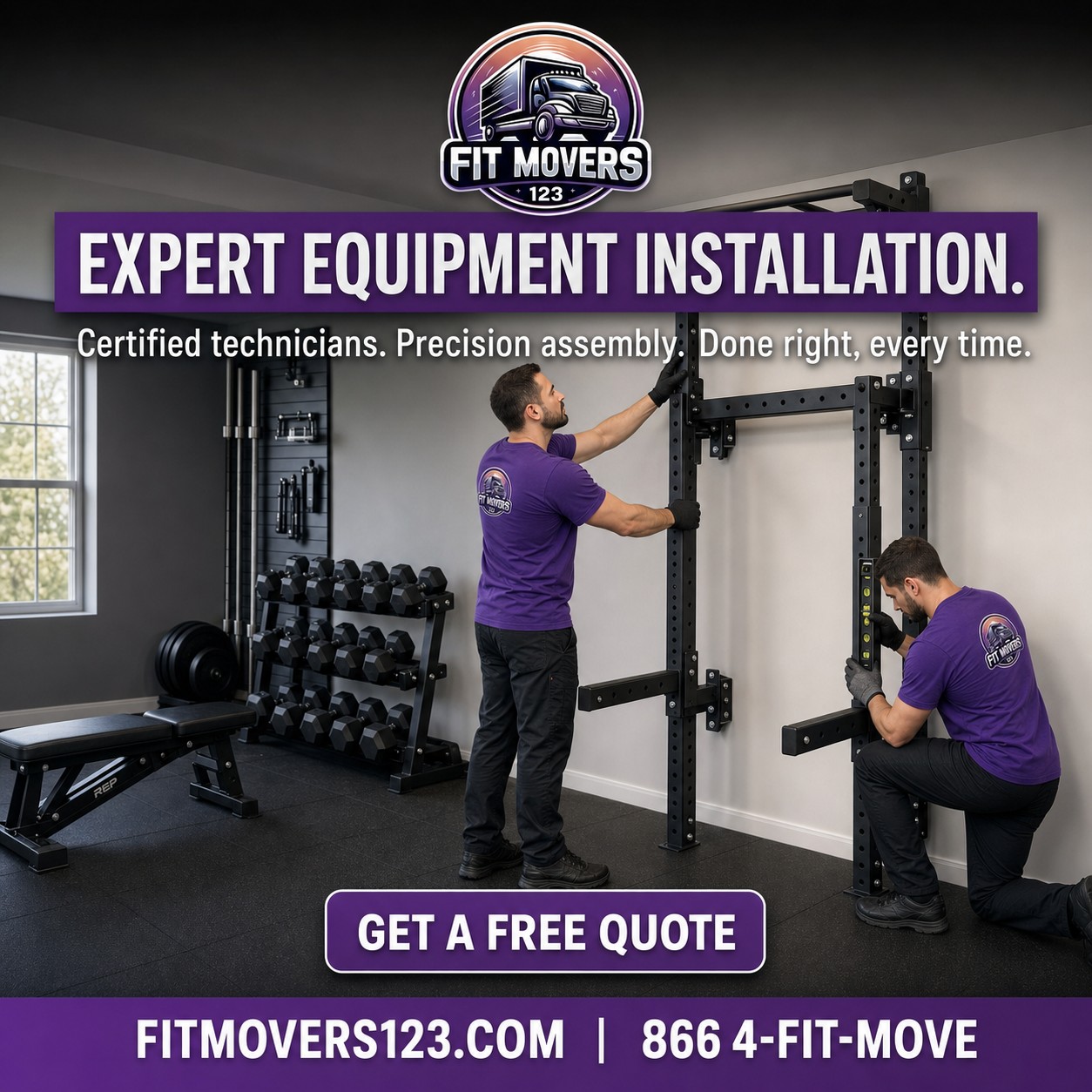 FitMovers123 professional preparing strength equipment for installation in a home gym