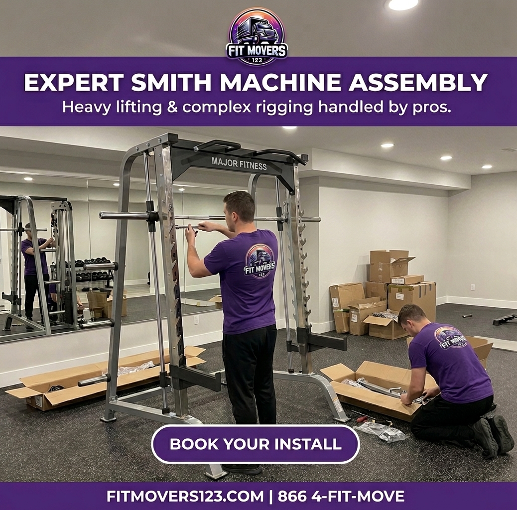 FitMovers123 specialist preparing home gym strength equipment for professional assembly