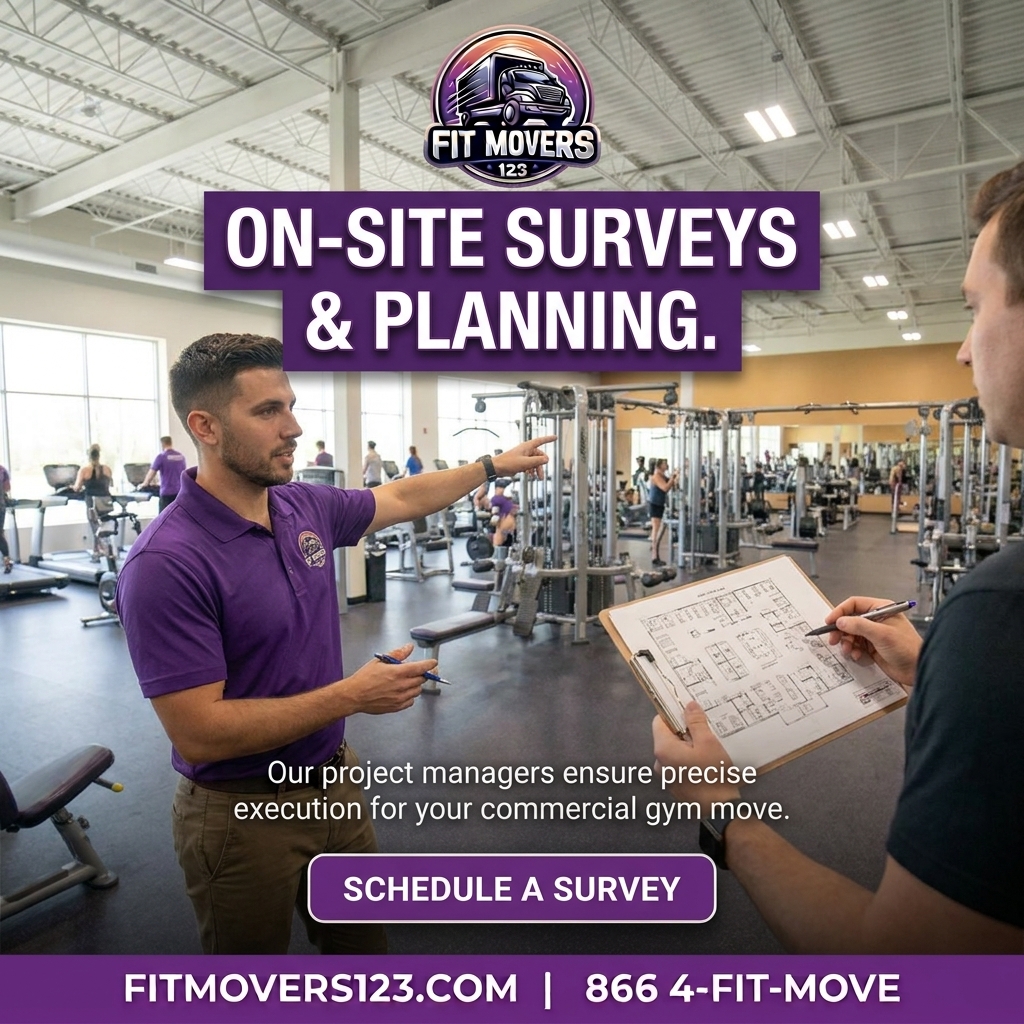 FitMovers123 project manager reviewing a commercial gym floor plan on a clipboard during an on-site survey of a large fitness center