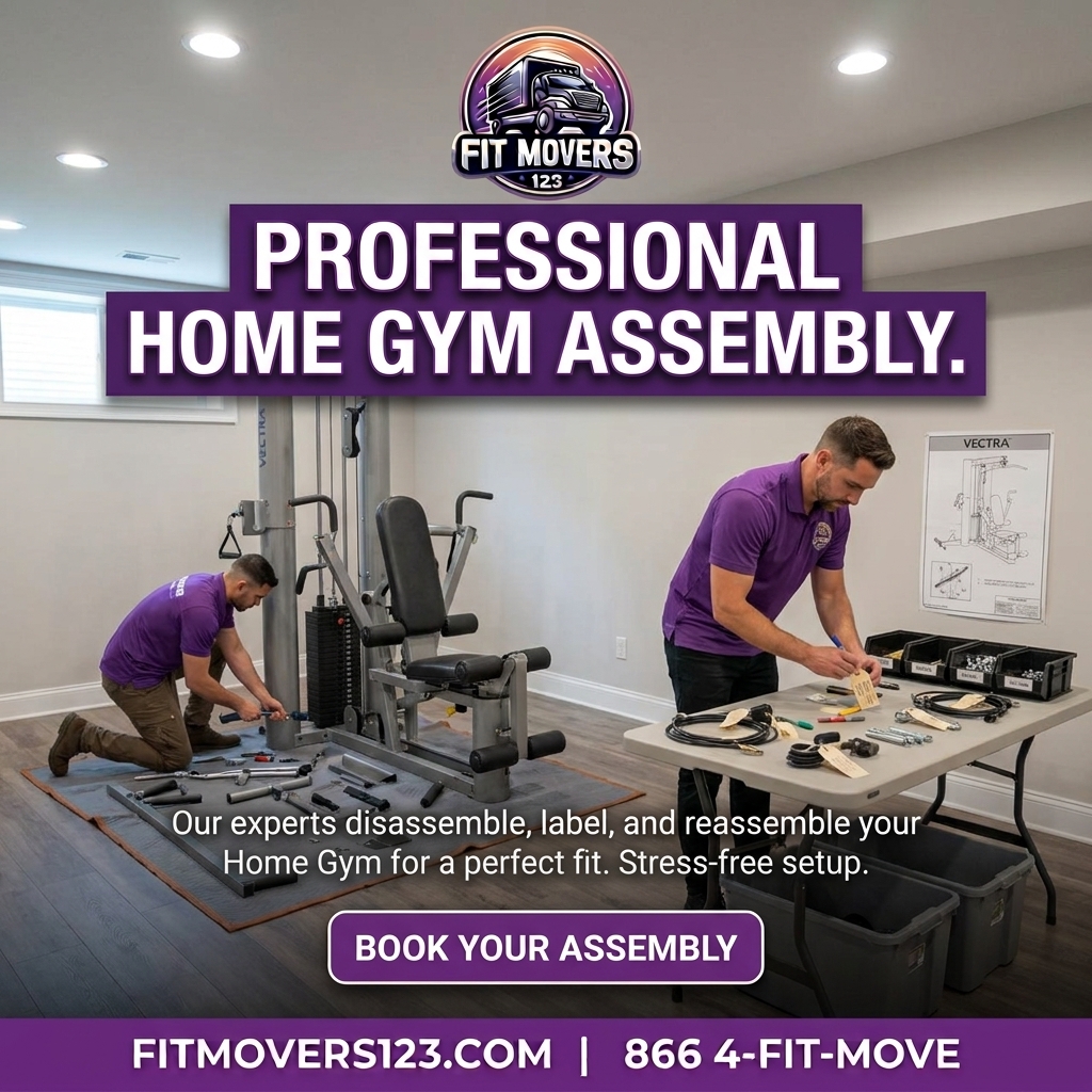 FitMovers123 technician carefully routing and labeling the cable system of a Bowflex Revolution multi-station home gym during professional reassembly