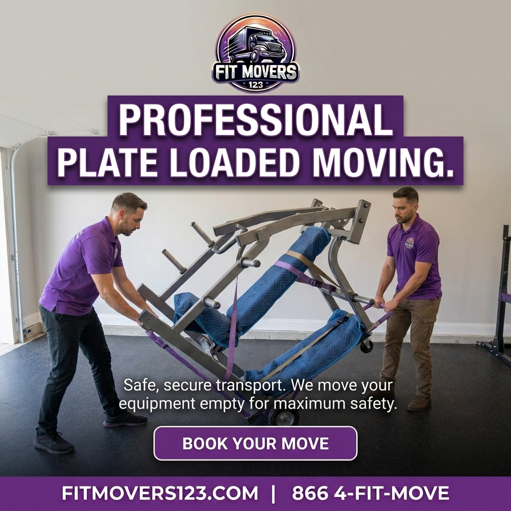 FitMovers123 team professionally moving and assembling a plate-loaded machine