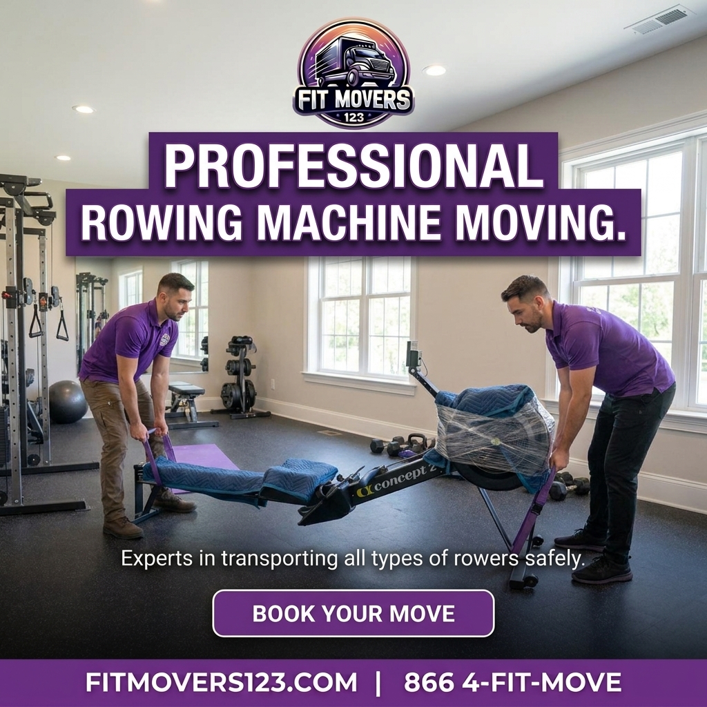FitMovers123 specialist carefully transporting a padded Concept2 Model D rowing machine through a residential living room toward the exit