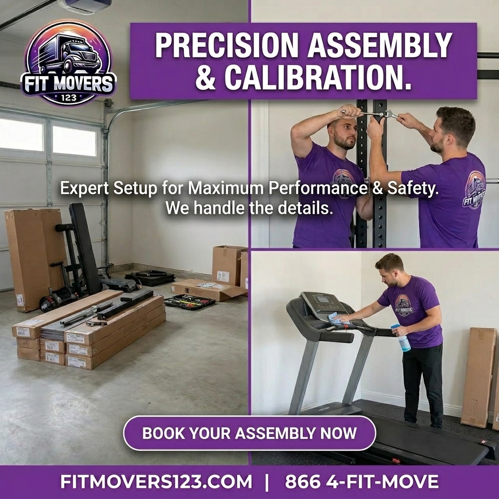 Professional team assembling and calibrating fitness equipment