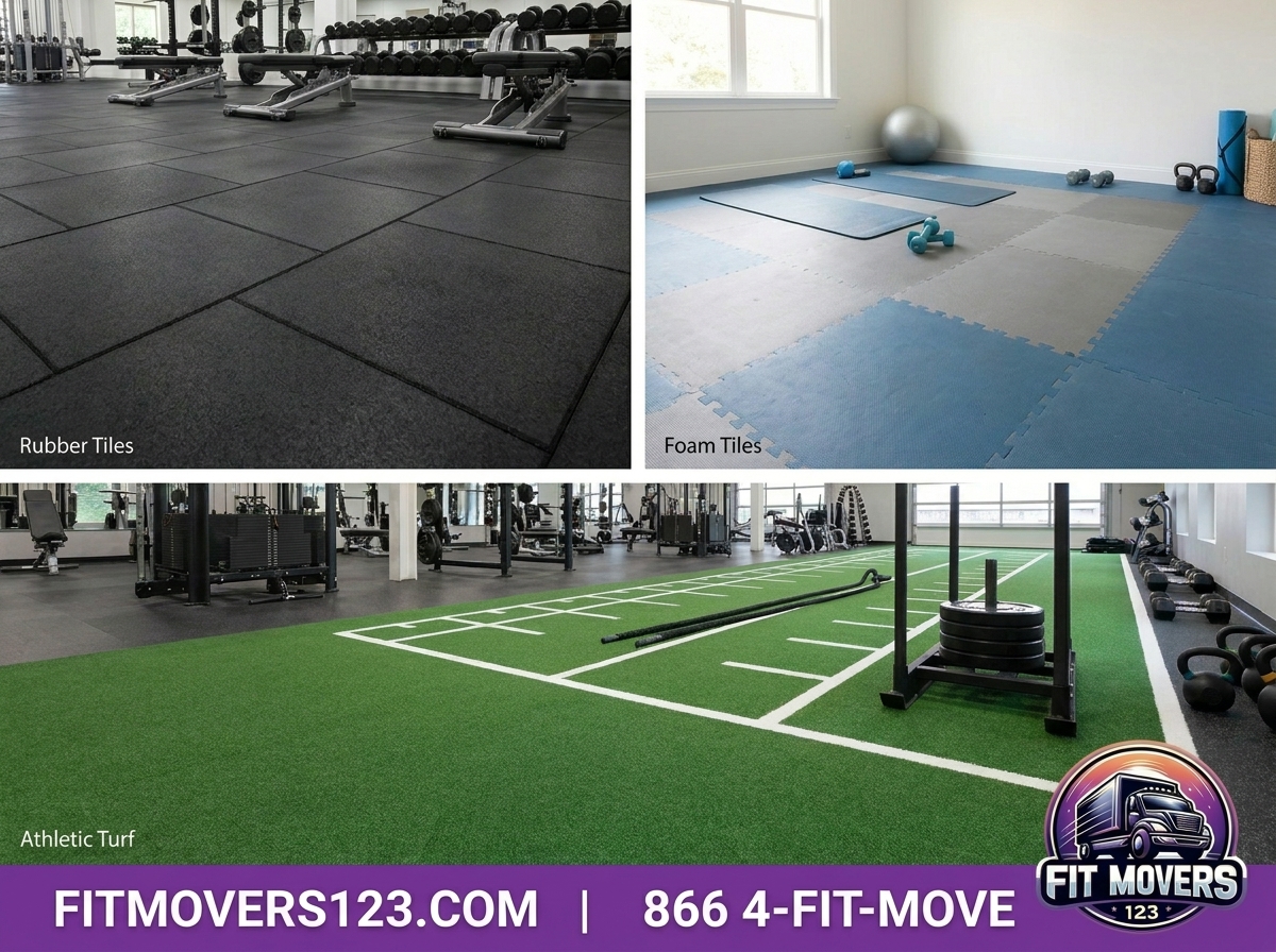 Combined view of premium gym rubber flooring, foam tiles, and athletic turf