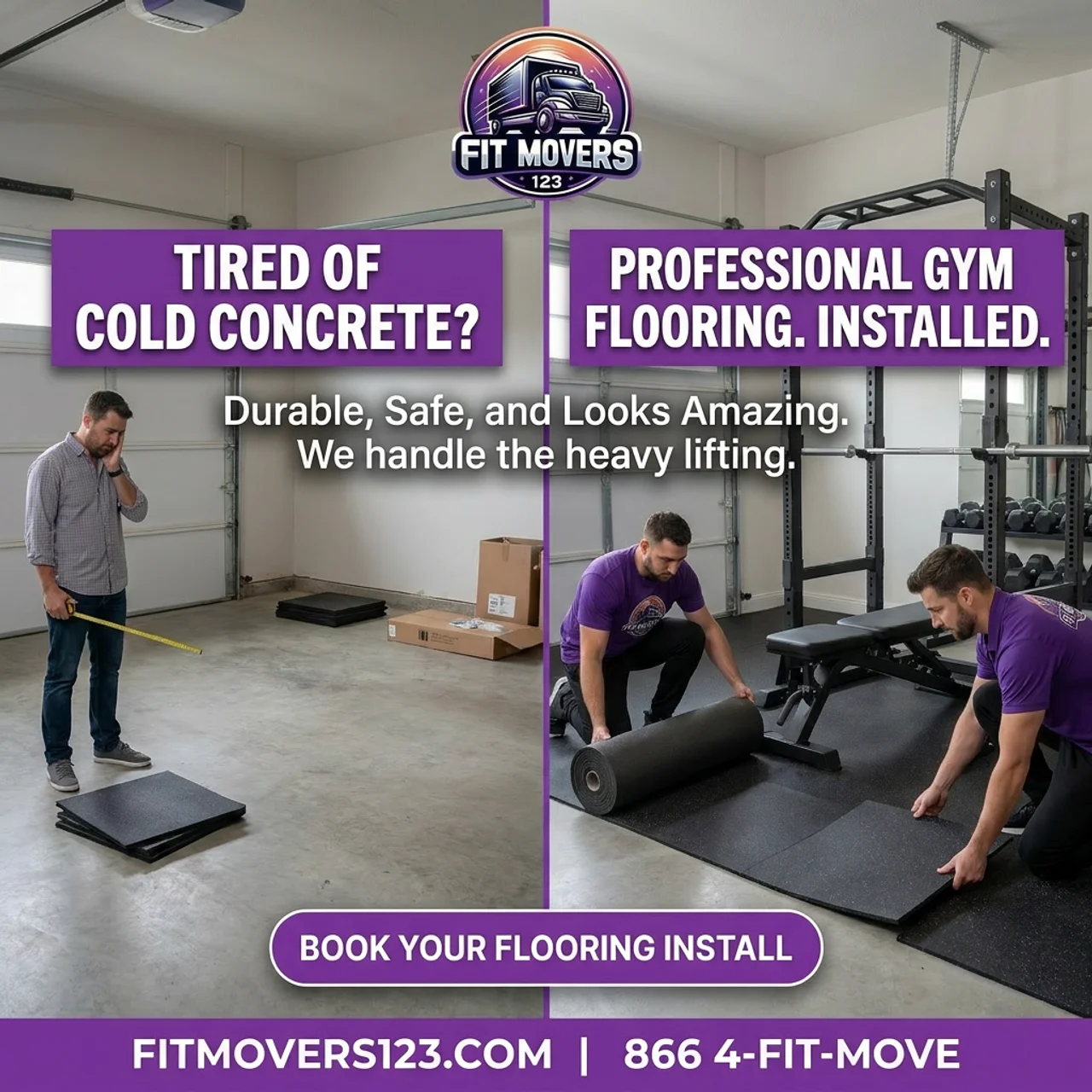 FitMovers123 installer kneeling and carefully laying interlocking commercial rubber gym flooring tiles across the clean floor of a bright residential home gym room