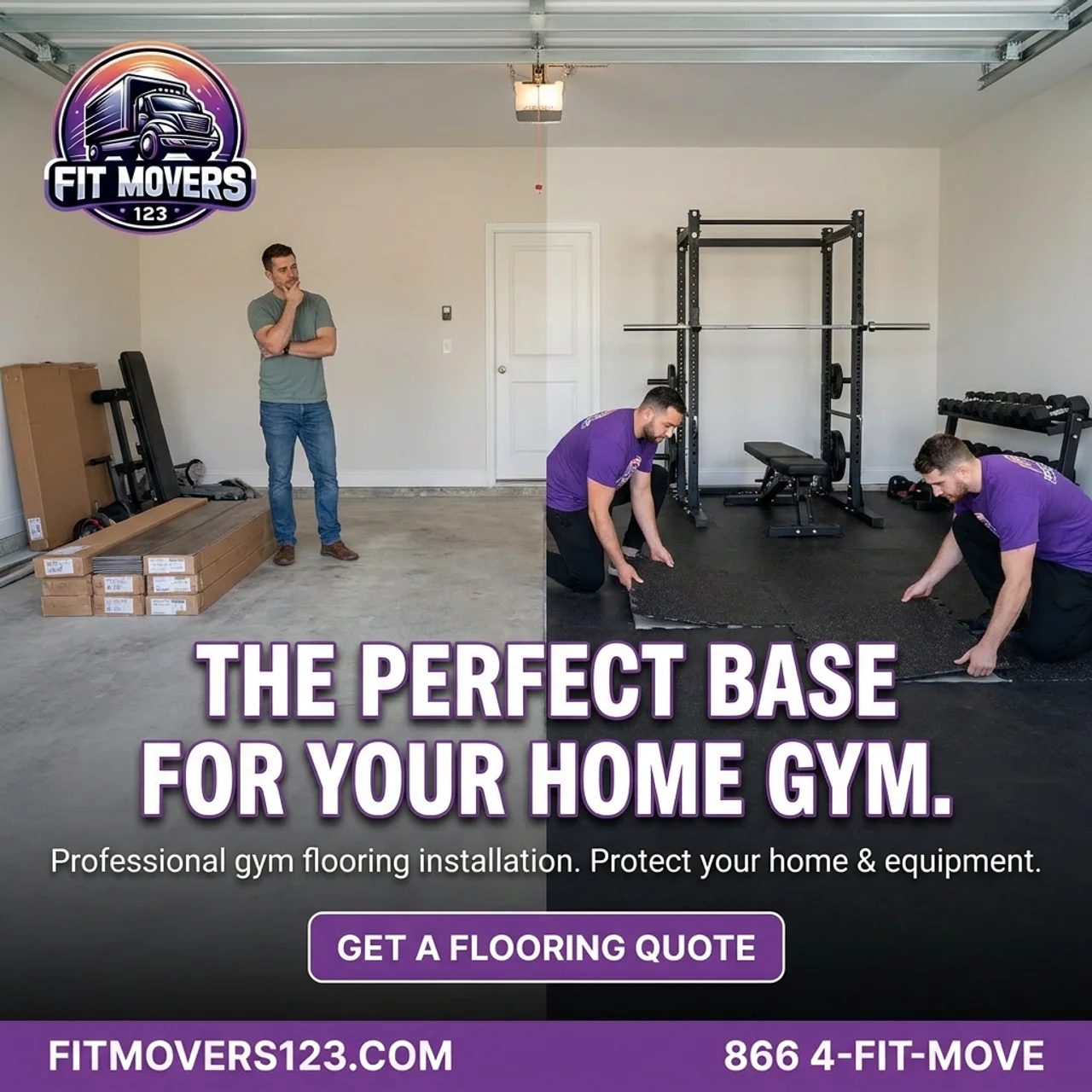 FitMovers123 installer using a professional floor cutter to precision-trim rubber gym flooring tiles to perfectly fit the corners and edges of a home gym room