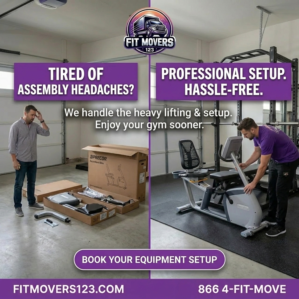 FitMovers123 technician reconnecting the power cable and adjusting leveling feet of a Peloton Bike Plus during final setup in a new home gym room