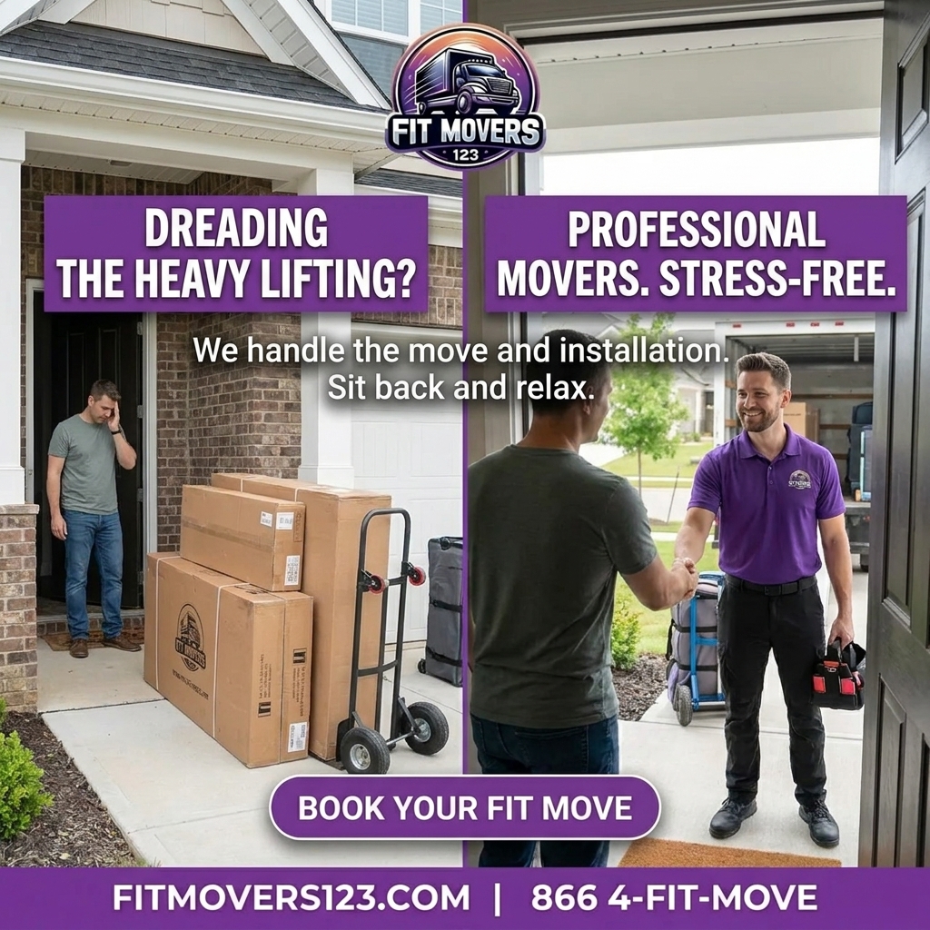 FitMovers123 uniformed specialist smiling and greeting a homeowner at the front door before a fitness equipment moving and installation job